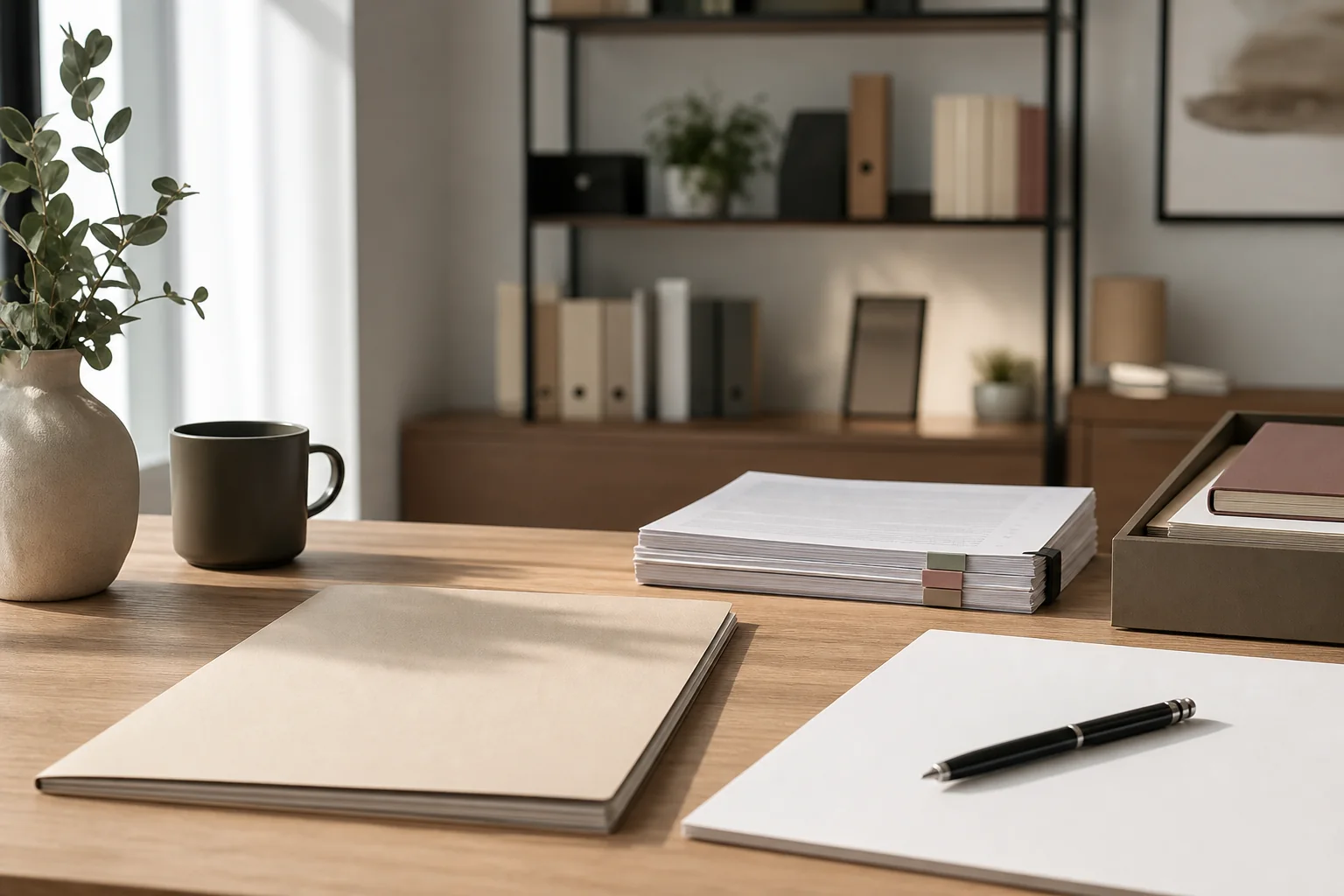 Mesa de trabajo con documentación, carpetas y pluma, en tonos cálidos